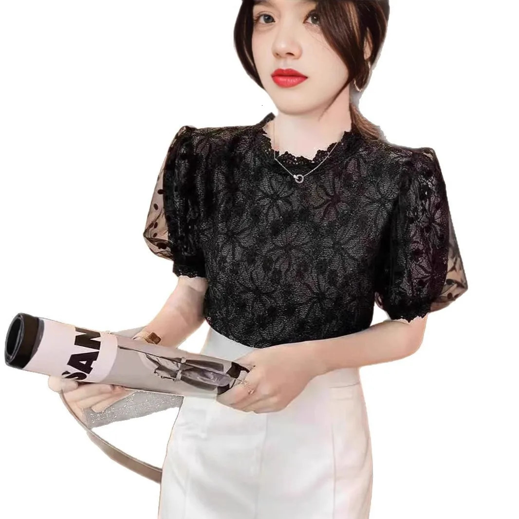 Women Summer Tops Crochet Lace Mesh Tees Sexy Vintage Short Sleeve Elegant T Shirts Loose Blouse Casual 250515
