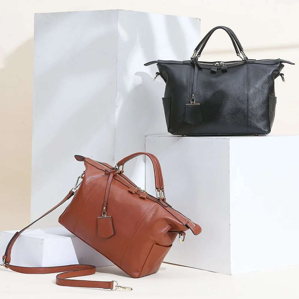 Zency Women Casual Tote 100% Genuine Leather Large Capacity Black Handbag Simple Lady Crossbody Messenger Purse Shopping Bags
