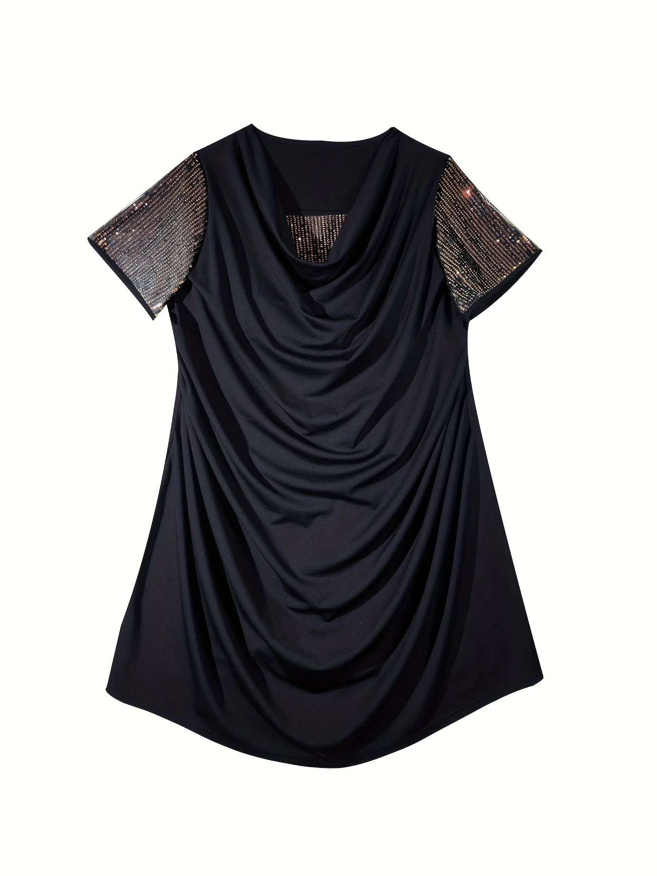 Plus Size Womens Elegant Short Sleeve Contrast Color Midi Dress Sequin Detail Black Polyester Casual Outing Knit Fabric 250509