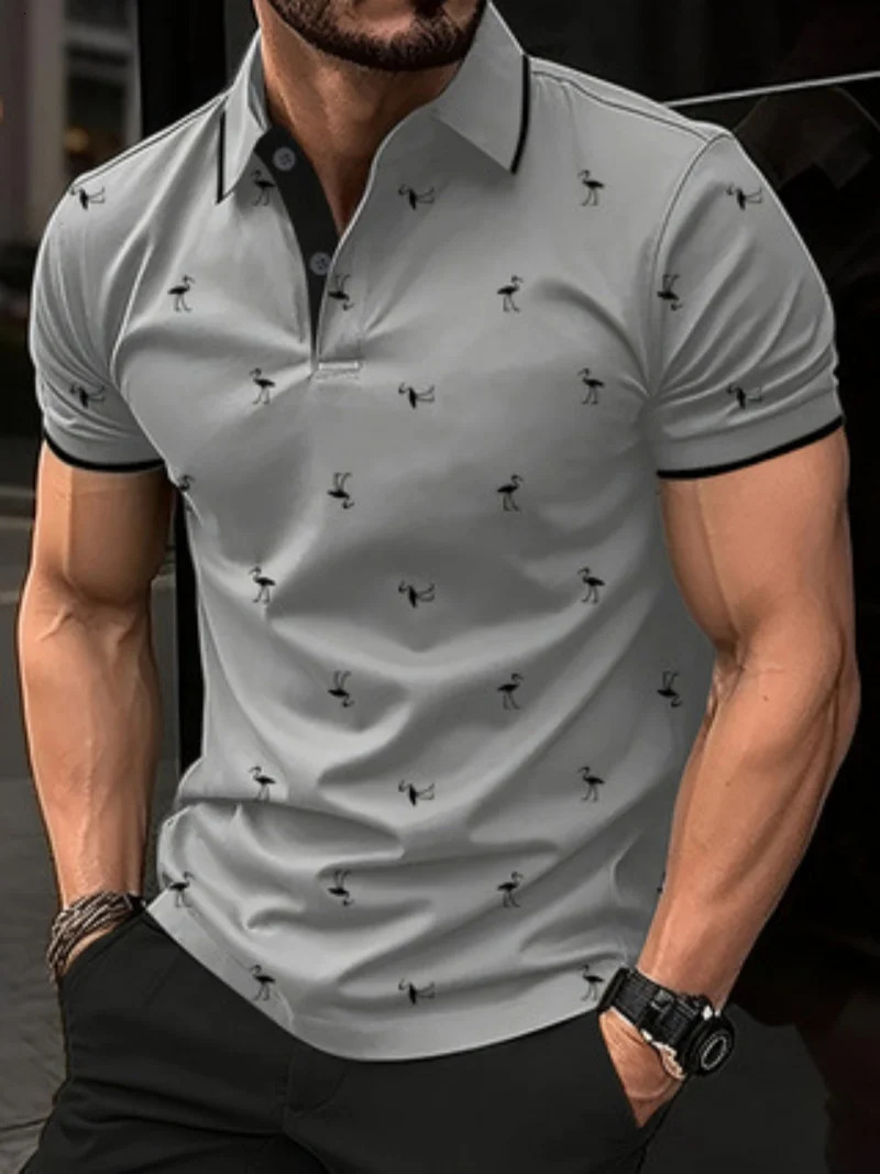 2025 Europe and the United States mens summer fashion 3D lapel Flamingos fashion printed street short-sleeved top 250515