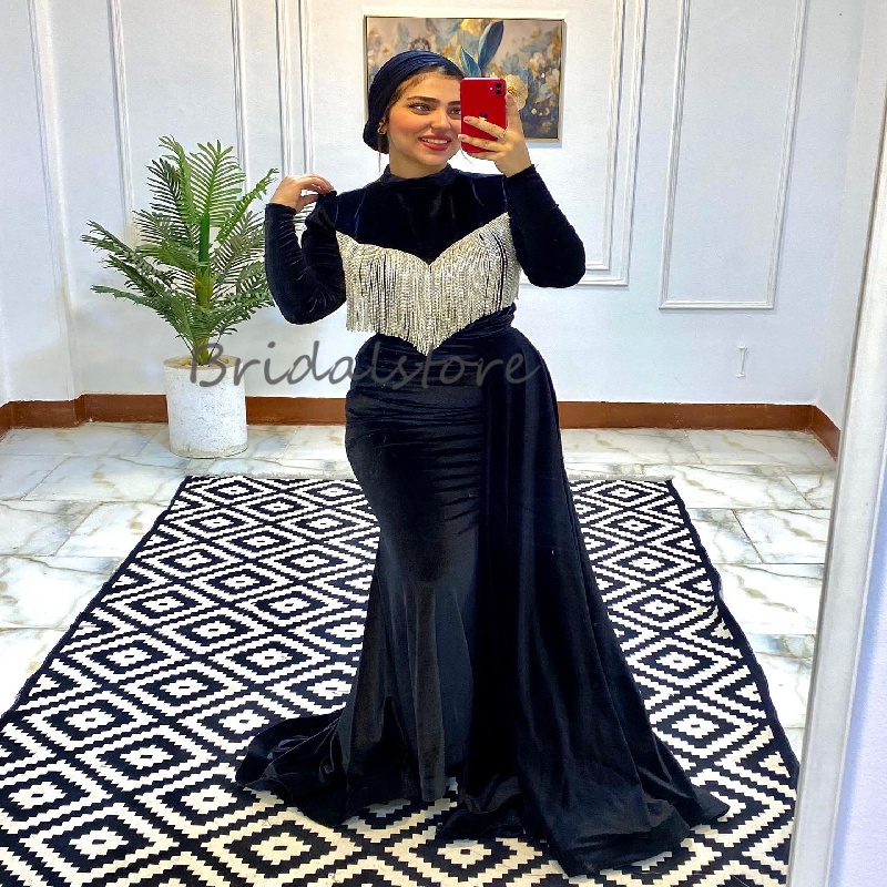 Elegant Mermaid Muslim Abaya Prom Dress With Train Charming Long Sleeve Dubai Evening Dress Tassel Formal Party Wear 2025 Vestio De Noche Robes Soiree