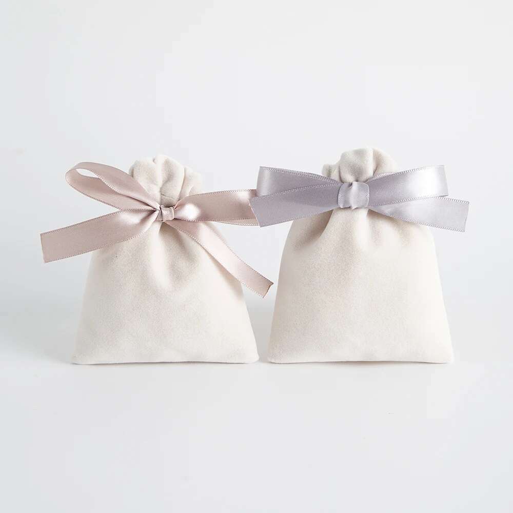 5Pcs/Lot Bulk Beige Veet Pouches Ribbon Jewelry Packing Display Storage For Wedding Candy Gift Travel Drawstring Dust Bags