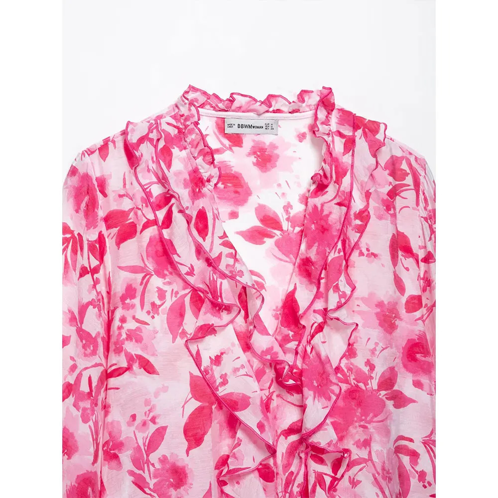DUOPERI Women Shirts Printed Ruffled Pullover Blouse VNeck Long Sleeves Elegance Female Chic Lady 250515