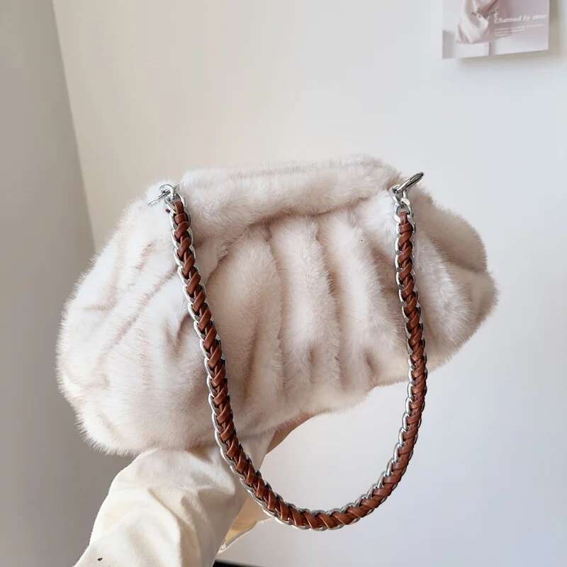 MOODS Pleated Design Faux Fur Shouldrt For Women 2024 Designer Purses And Handbags Winter Warm Soft Plush Hobo Bags