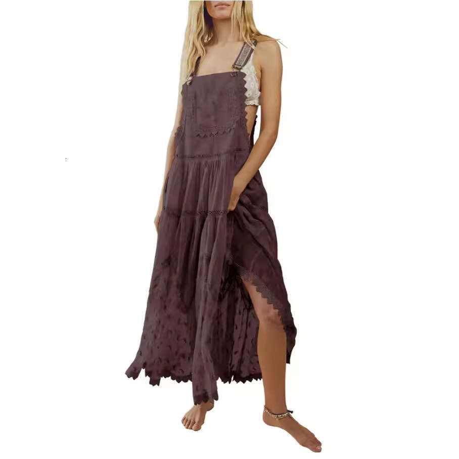 2024 Women's Casual Lace Embroidered Long Dress with Adjustable Shoulder Straps and Flowing Skirt