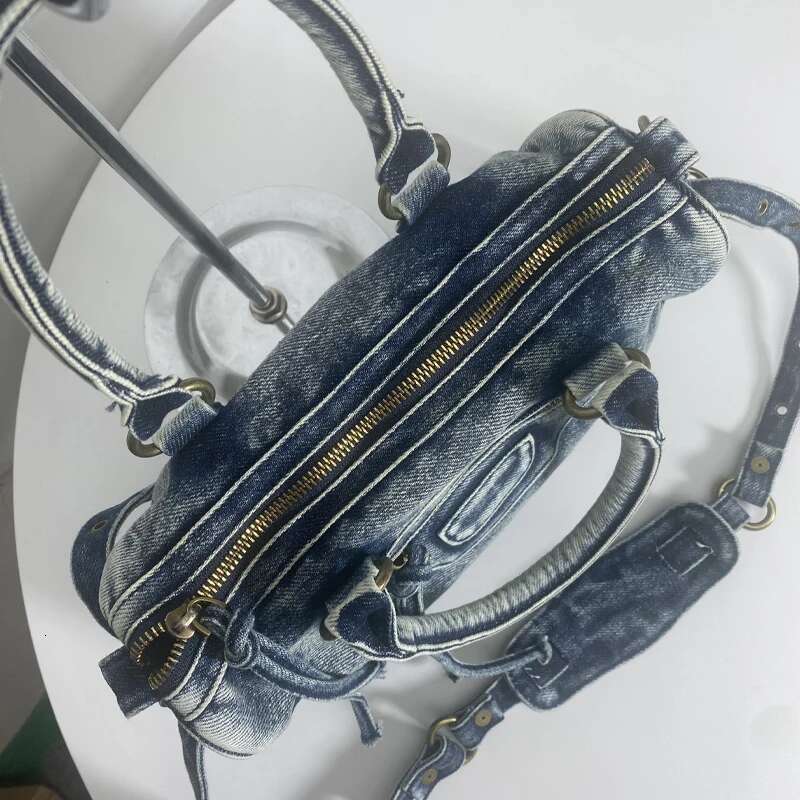 new for women high-end denim motorcycle tassel rivets fashionable wash water canvas women's bag