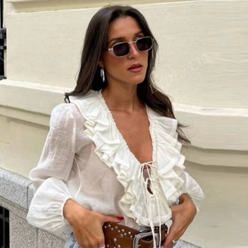TRAF Woman Oversized Frill Blouse Spring Shirts Blouses SeeThrough Chiffon Long Sleeve Top Layered Plus Size 066 250515
