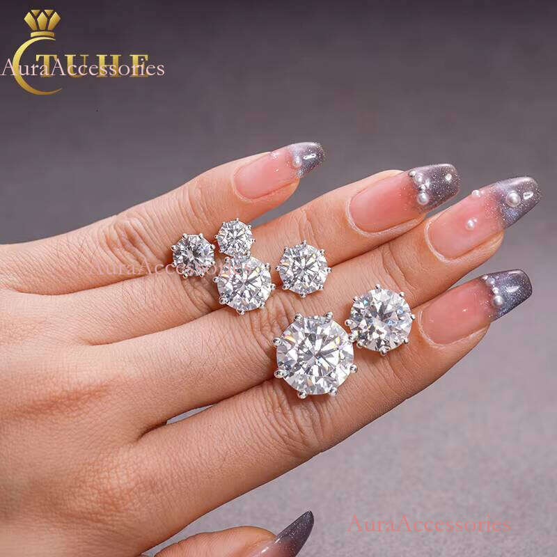 Men Women Jewelry 5mm~15mm Sterling Sier 8 Prong Set Push Back Moissanite Dia Big Stud Earring for Gift