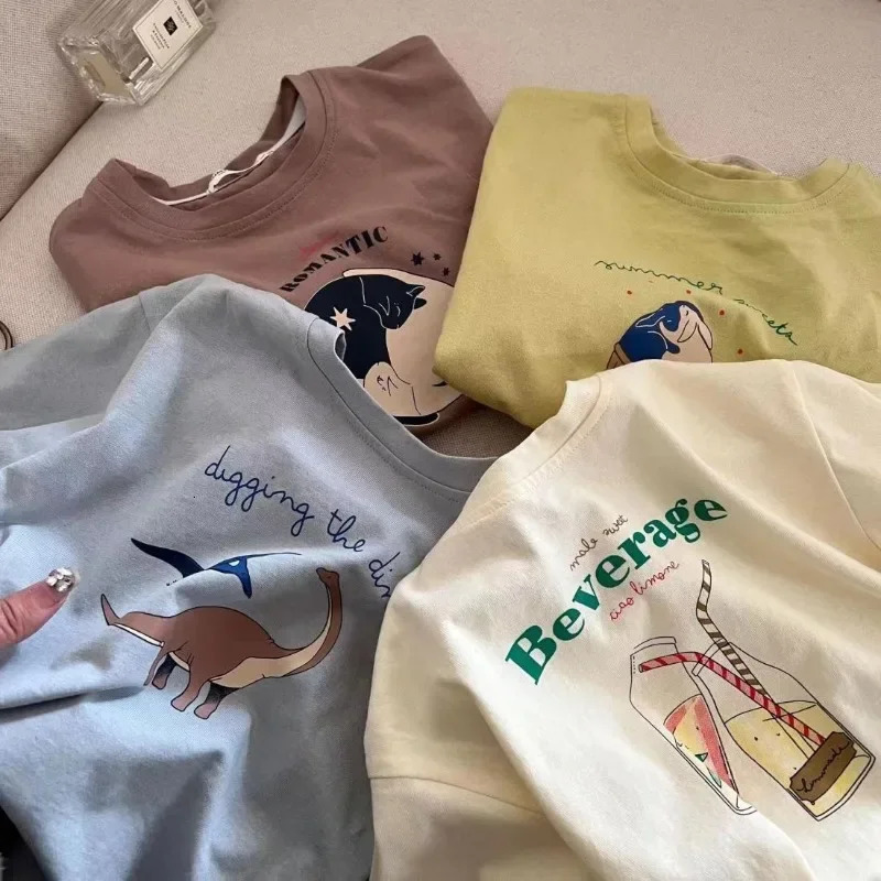 Summer Clothes Fashion Cute Boy Girl Children Cartoon Bear Short Sleeve T-shirt Baby Letter Loose Tops Kis Cotton Casual Tees 250515
