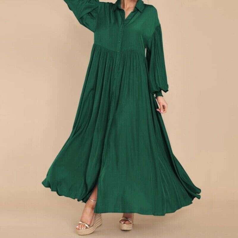 White Dress Maxi Dress 2024 New Women's Casual Solid Color Button Flip Collar Hundred Pleats Sleeve Extra Long Dress KQ