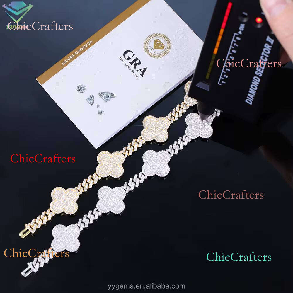 Wholesale Price Clover S Sier Gold Plated Pass Dia Tester VVS Moissanite Cuban Bracelet with GRA Certificate