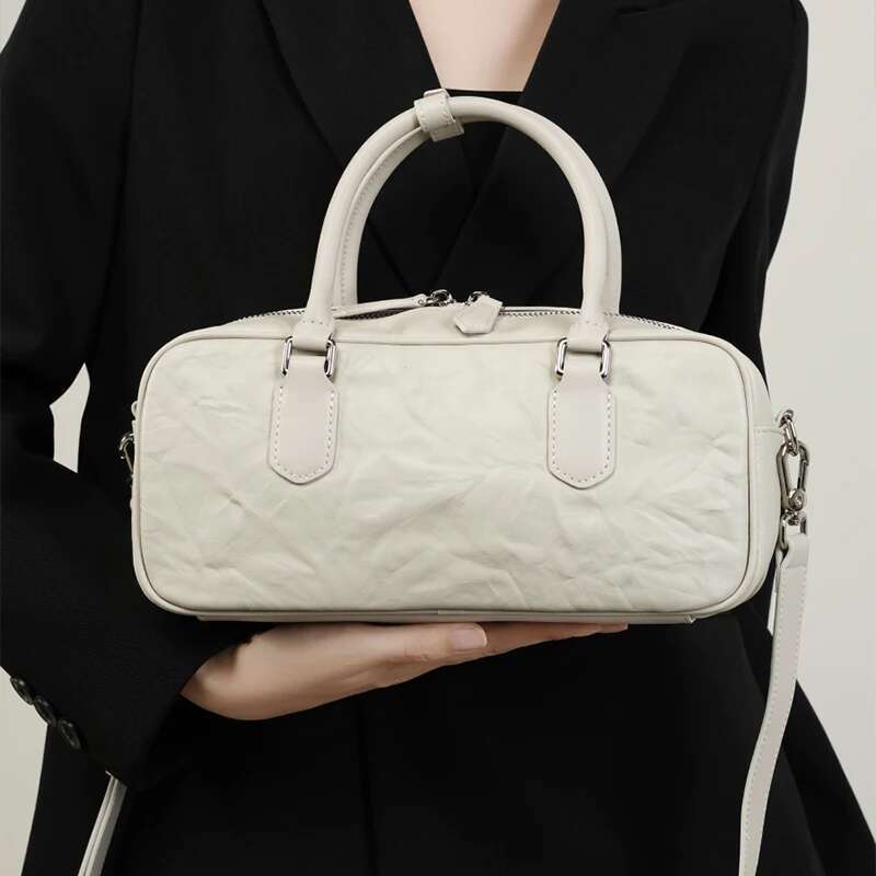 Genuine Leather White Handbag New Women's Bowling Niche Brand Designer Soft Commuting High-End Underarm Crossbody Bag