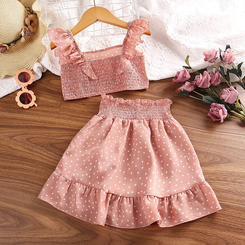 Girls Clothing Set 5-12T Tri-Color Optional Flying Sleeve Square Collar Vest Top Lace Skirts Children Girls Baby Clothes Set 250515