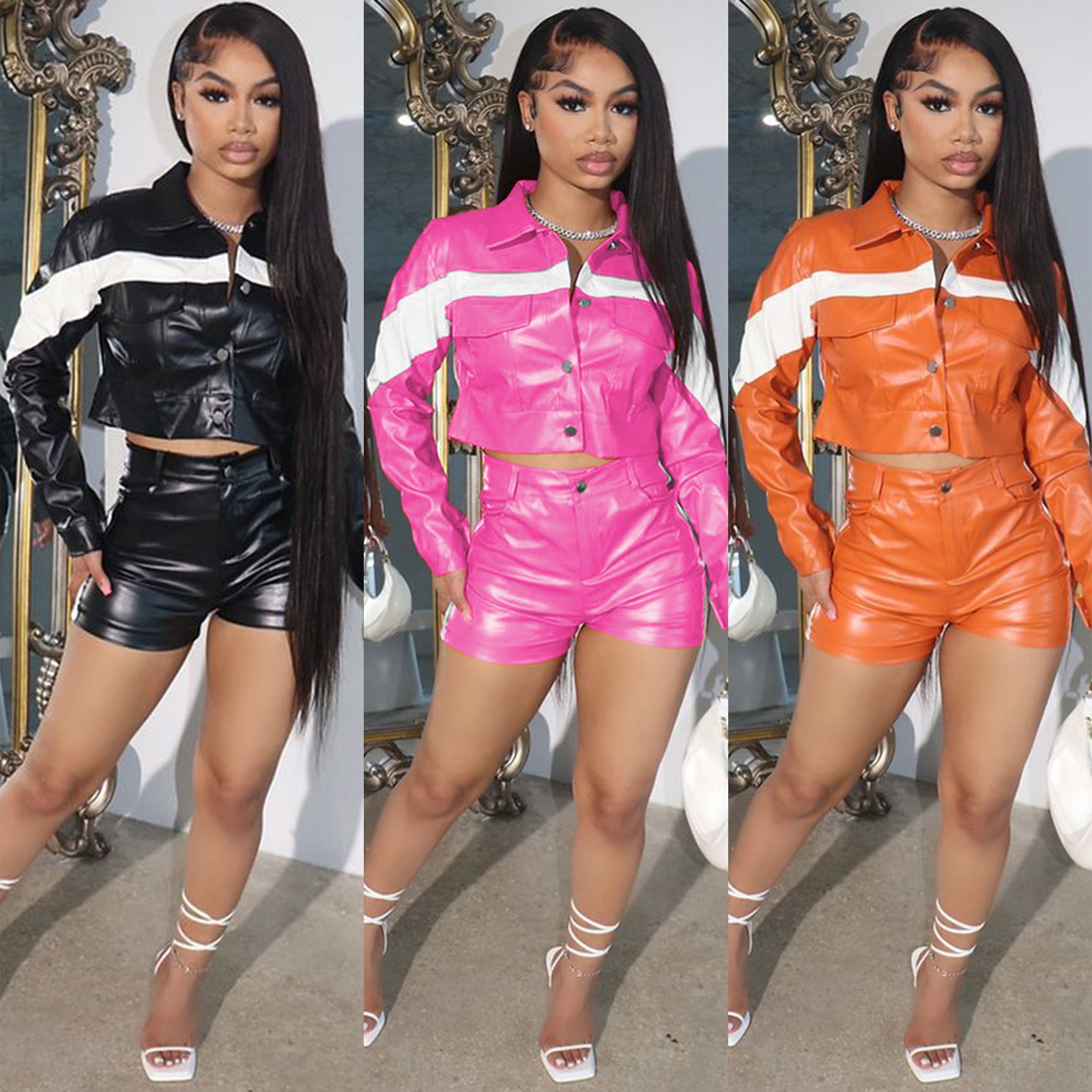 HR23033 Fashion Womens Spring/Summer New Leather Contrast Buckle Lapel Workwear Two Piece Set