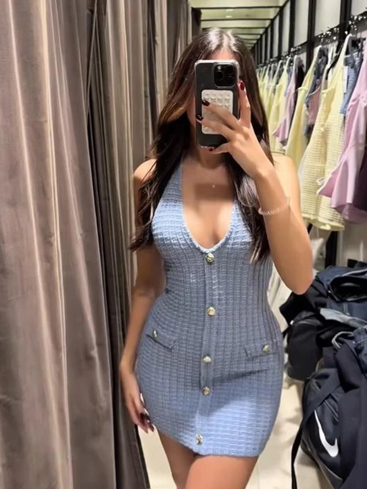 Knitted Tube Top Skirt Sets Women Single Breasted Sleeveless Backless Slim Mini Skirts Suits Summer Commute Chic Set 250515