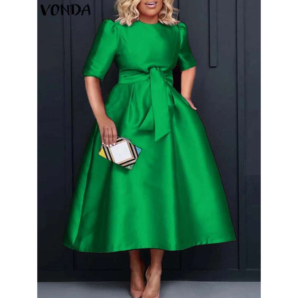 Plus Size Women Stain 2024 Summer Sexy Puff Sleeve Evening Party Dress VONDA Beach Sundres Casual Loose Robe Vestidos