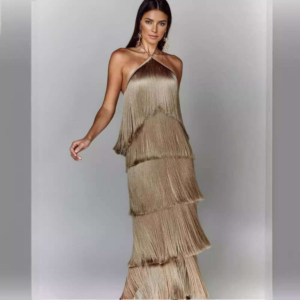 White Dress Maxi Dress Gy25044 Fashion Hanging Neck Tassel Open Back Split Dress KQ