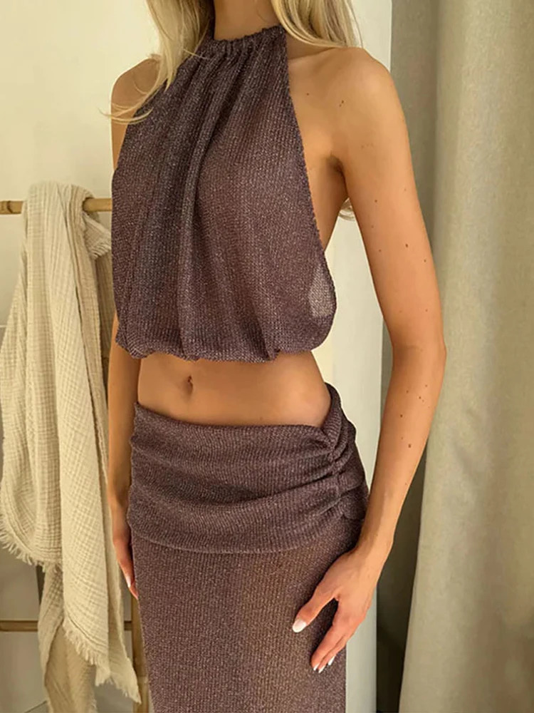 Women Skirts Suit Sexy See through Sleeveless Backless Halter Tank Top High Waist Hip Package Pleated Skirt Sets Lady Outfits 250515