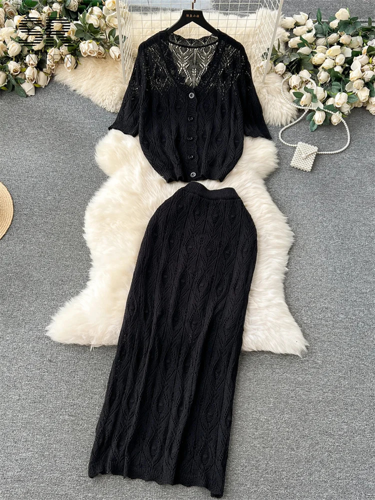 SINGREINY Casual Vacation Two Piece Set Women Hook Hollow Out V Neck Top Elastic Waist Long Skirt Ladies Summer Korean Suit 250515