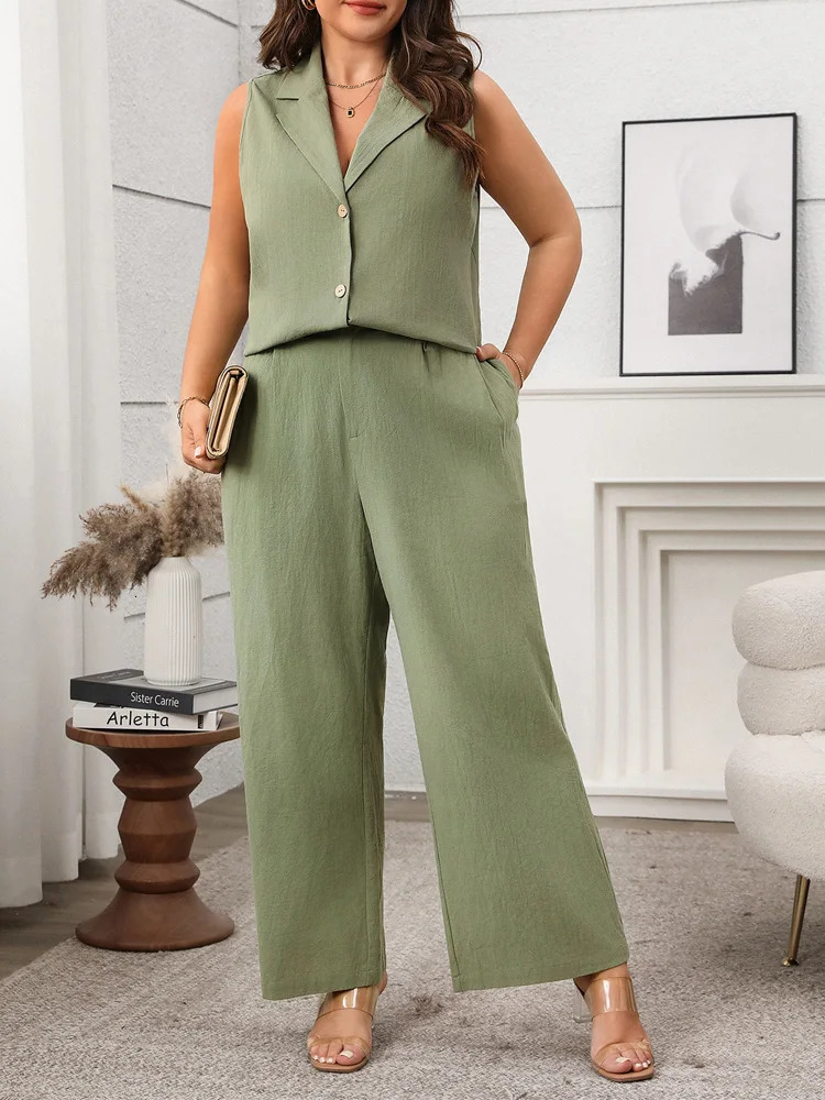 GIBSIE Plus Size Two Piece Set For Women Solid Notched Neck Sleeveless Vest And Wide Leg Pants 2025 Summer Office Ladies Suit 250514
