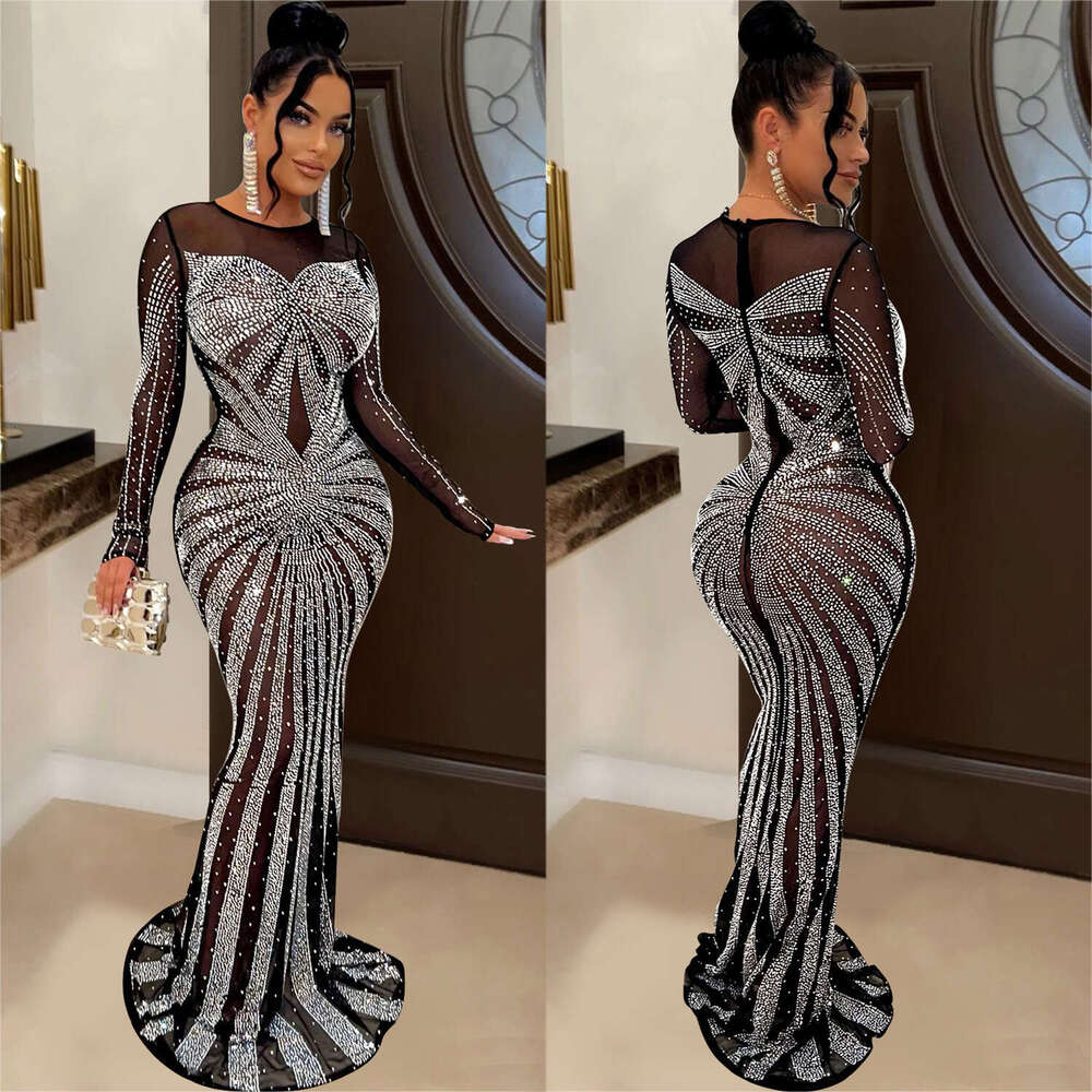 White Dress Maxi Dress C6198 Fashion Women's Solid Color Mesh Perspective Diamond Long Sleeve Dress KQ