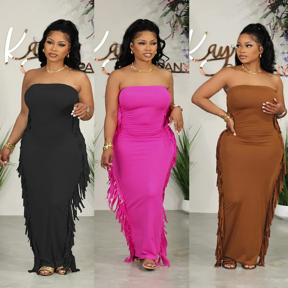 Plus Size Summer Plus Size Womens Dress Strapless Tight Side Slit Fringed Fat Lady Fashion Clothing 250515