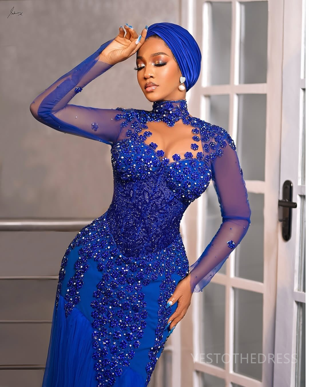 2025 Royal Blue Aso Ebi Prom Dress Mermaid Prom Dresses Evening Formal Gowns High Neck Appliqued Lace Birthday Dress Second Reception Gowns For Black 