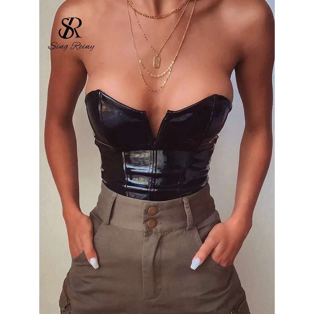 SINGREINY Strapless PU Leather Sexy Bodysuits Ladies Zipper Design Bodycon Top Fashion Streetwear Open Crotch Sensual Playsuits