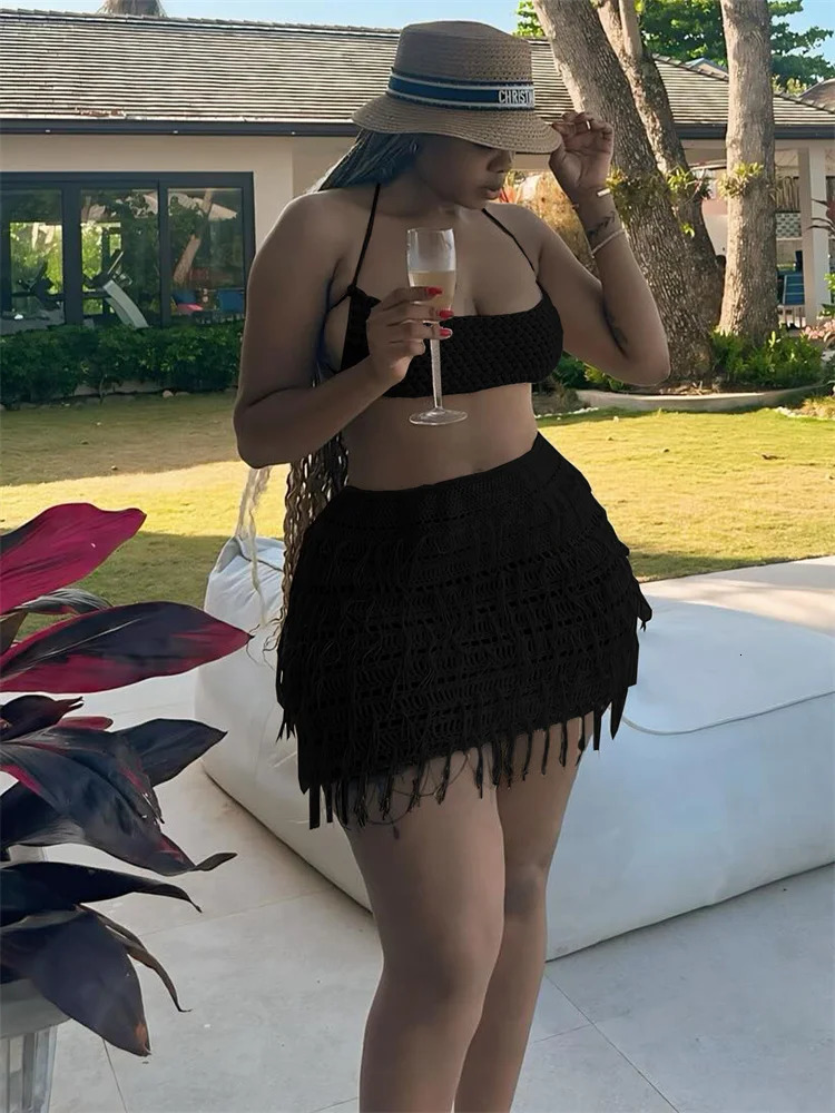 Weird Puss Knit 2 Piece Sets Woman Summer Sexy Backless Bandage Halter CamisoleTassel Skirts Party Skinny Matching Clubwear 250515