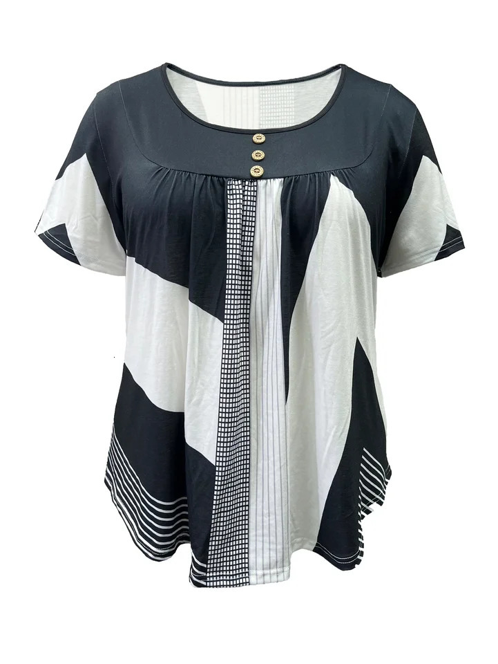 Plus SizeEuropean and American womens spring and summer short sleeved pleated shirt with loose and flowing waistband top 250514