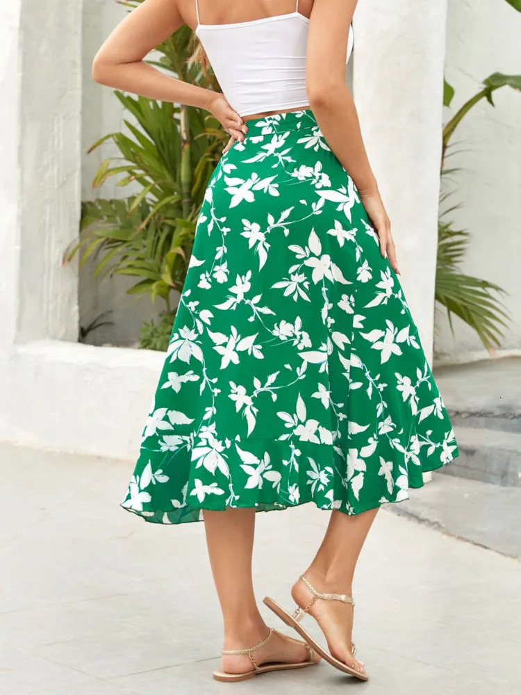LaceUp High Waist Floral Print Skirt For Women Summer Beach Boho Irregular A Line Casual Fairycore Midi Skirts Female 250515