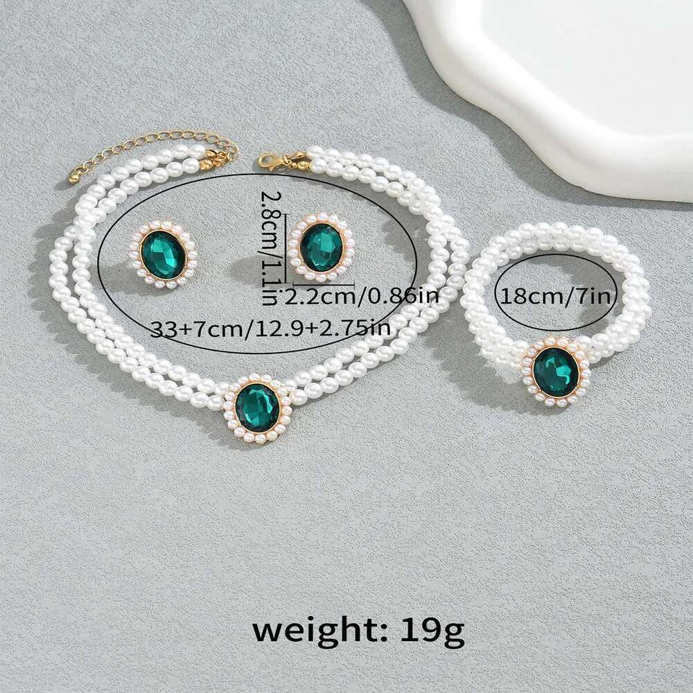 Obega 3 PCS Imitation Jewelry Set Oval Green Crystal Stone Multilayer Pearl Choker Necklace Charm Bracelet Elegant Earring