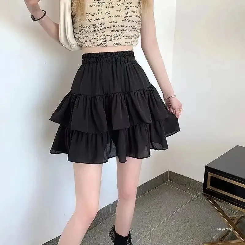 Pleated A-line Skirt White Women Ruffles Sweet tie Preppy Style Elastic Waist Slim Thin SimpleCasual Summer Wholesale 250514