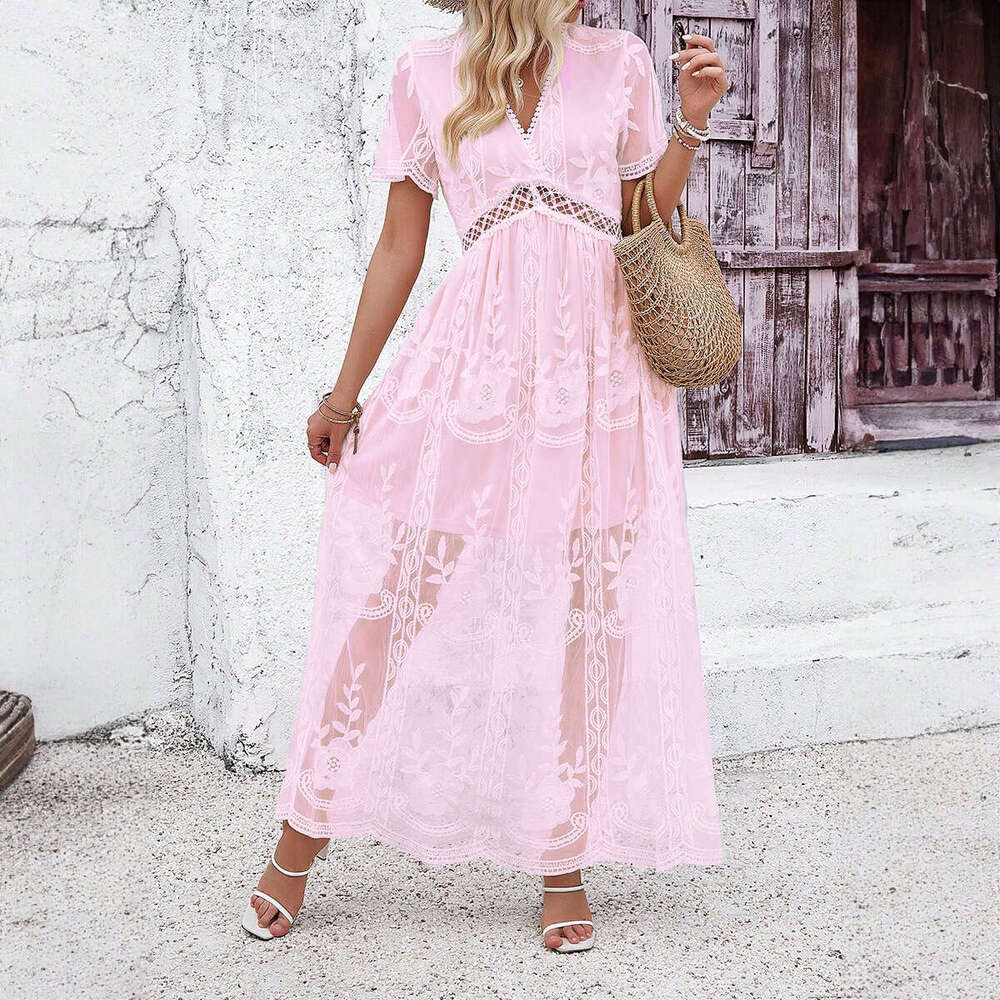 Kaikuo Women's 2024 Spring/Summer Casual Style Deep V Short Sleeve Dress