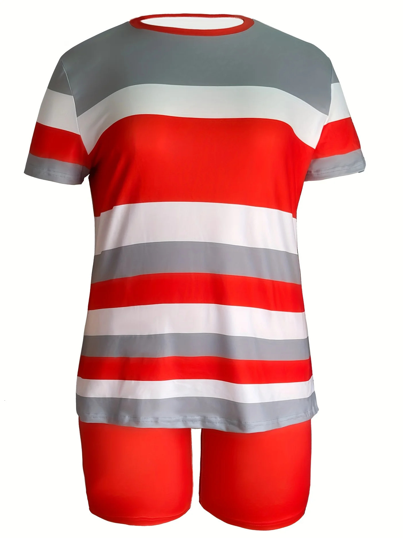 Trendy Plus Size Womens Two Piece Set Striped Short Sleeve Top and High Waist Shorts Casual Outfit 250514