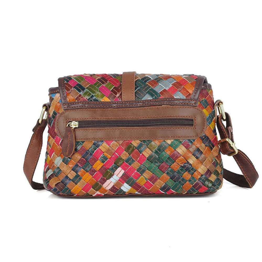 Genuine leather handmade woven colorful striped color matching small casual ethnic style shoulder bag for women