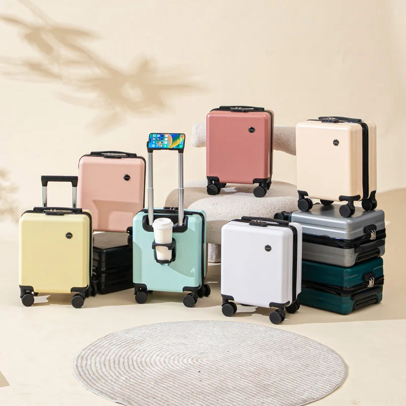 14 inch small luggage with combination lock cell phone holder cup holder short trip trolley case mute pulleys portable suitcase 250514