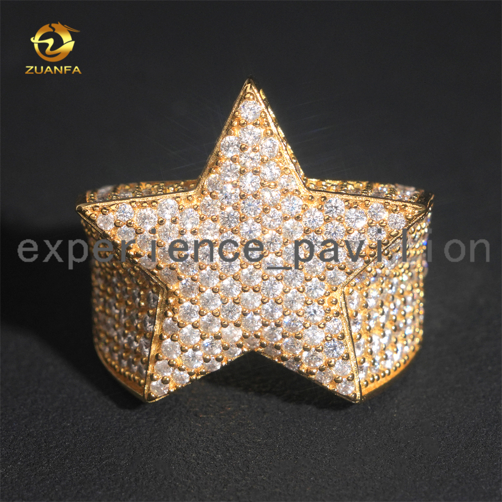 Hot Sale Instock Iced Out Star Shape Moissanite Diamond Men Rings 925 =silver Hip Hop Ring Pass Tester Men Cuban Ring