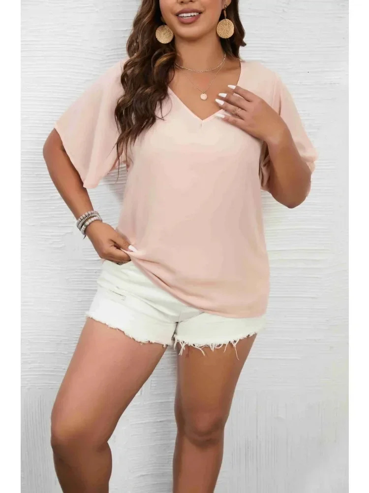 Plus Size 1XL-5XL Womens V Neck Solid Color Short Sleeve Blouse Bell Sleeve Blouse Casual Pullovers Shirt Top 250514