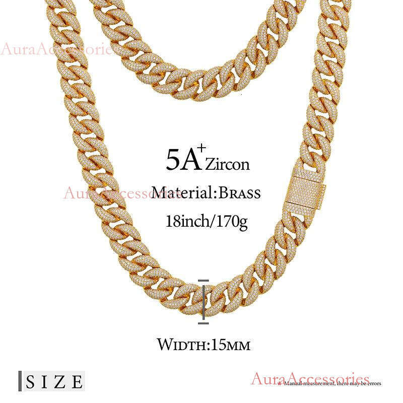 Men Jewelry Fashion Necklace 15mm Real Gold Plated Copper Zircon CZ Dia Iced Out Cuban Link Chain