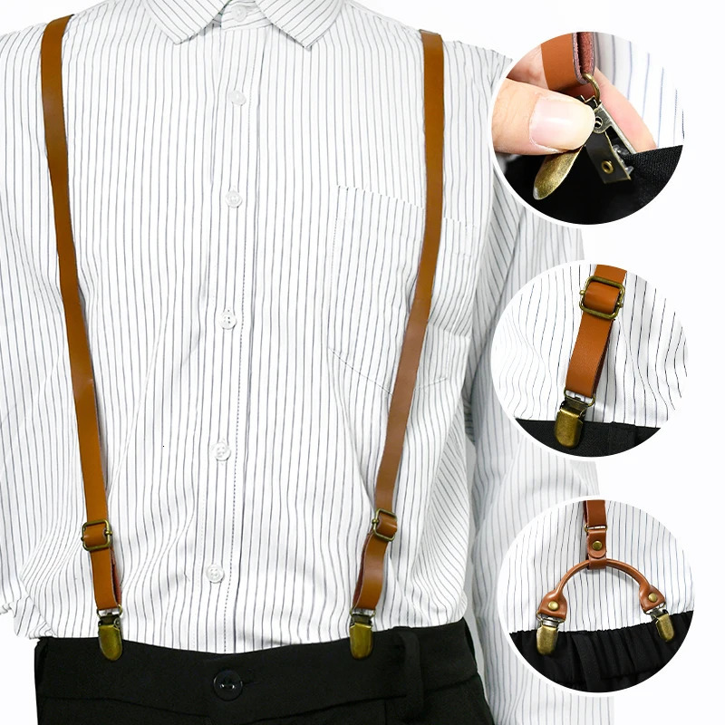Deepeel Retro Leather Adults Mens Suspenders 4 Clips Y-Type Male Braces 1.5cm Wide Strap Harness Man Jeans Costume Accessories 250515