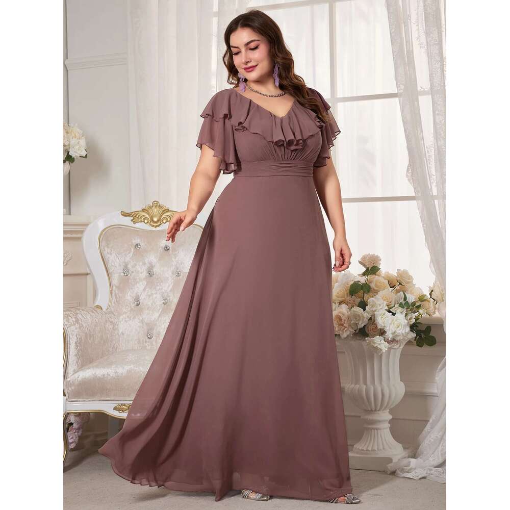 Unithorse Plus Size Women's Bust Ruched Tierred Short Sleeve Elegant Chiffon Dress