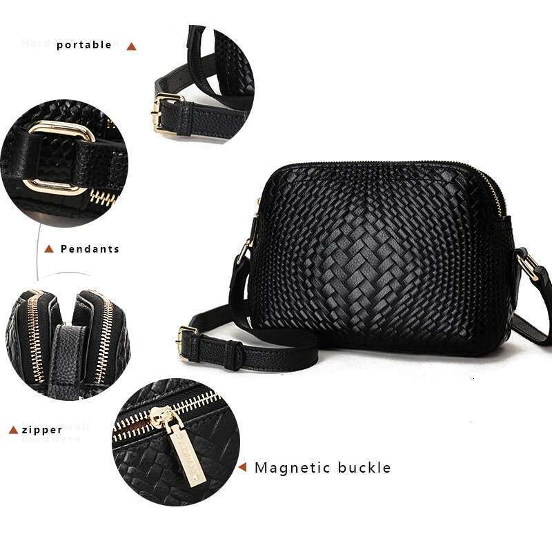 Aidrani Casual Versatile Genuine Leather Women's With Black Braided Cowhide Single Shoulder Crossbody Bag