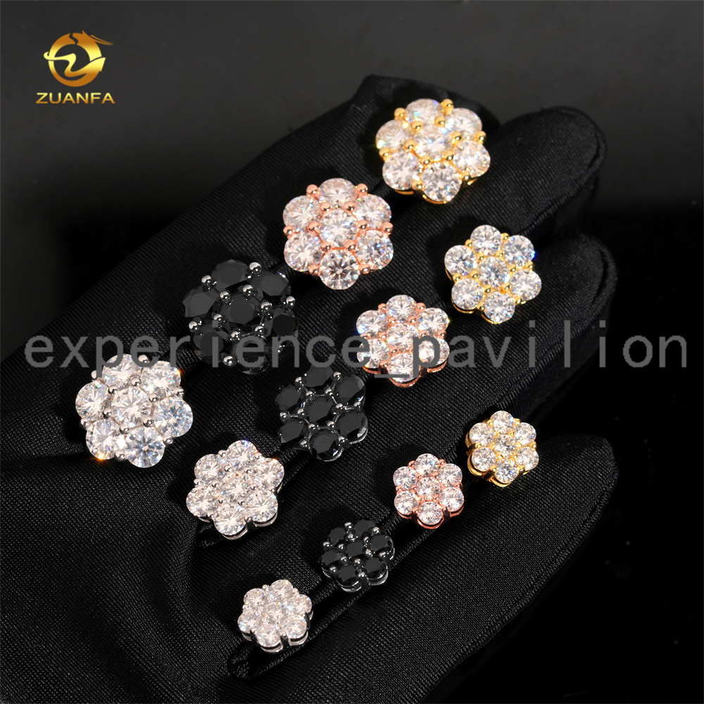 8mm 12mm 15mm Fashion Flower Earring Cluster Moissanite Diamond 925 Sterling Silver Iced Out Moissanite Screw Back Earrings
