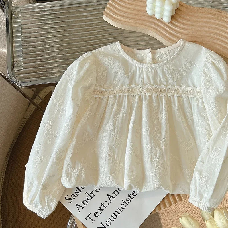 Baby Clothes Girls Blouses Shirts Lace Bottoming Shirt Solid Color Long-sleeved Sweet Cute T-shirt Outside Casual Simple 1PCS 250515