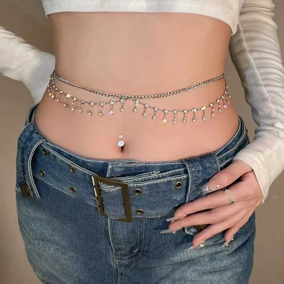 Double-layer rhinestone tassel metal waist chain accessories for women pure body chain necklace decoration Y250515