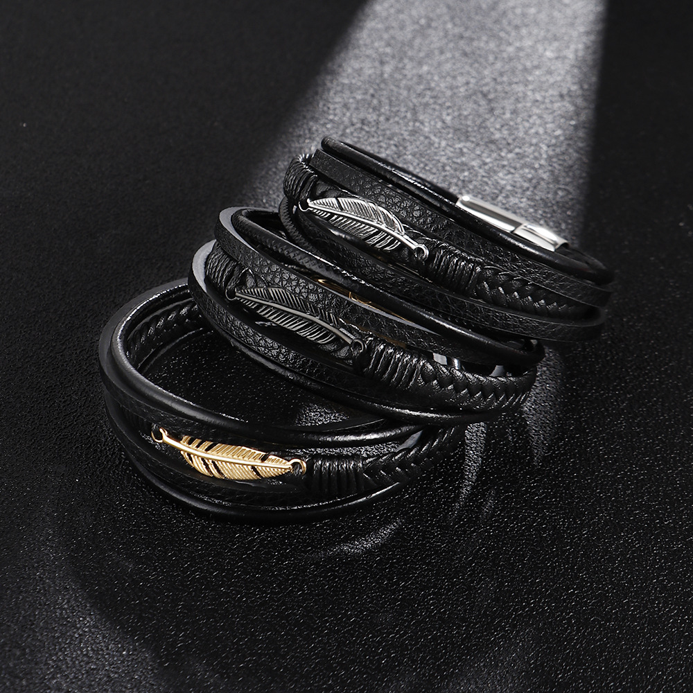 Amazon Europe Stainless Steel Feather Bracelet for Men, Multi-layer Leather Braided Design with Titanium Magnetic Clasp
