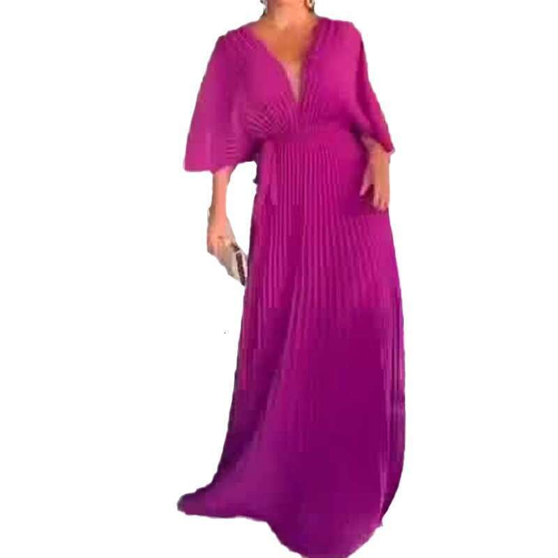 White Dress Maxi Dress 2023 Autumn New Style Solid V-Neck Bat Sleeves High Waist Dress KQ