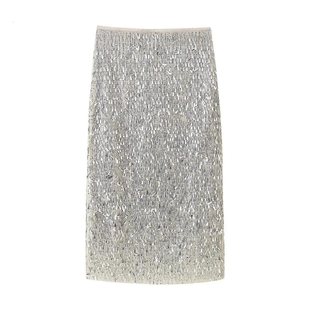 ZBZA Womens Sequined Long Skirt High Waist Straight Slit Hem Invisible Zipper Midi Spring Summer Casual Chic 250515