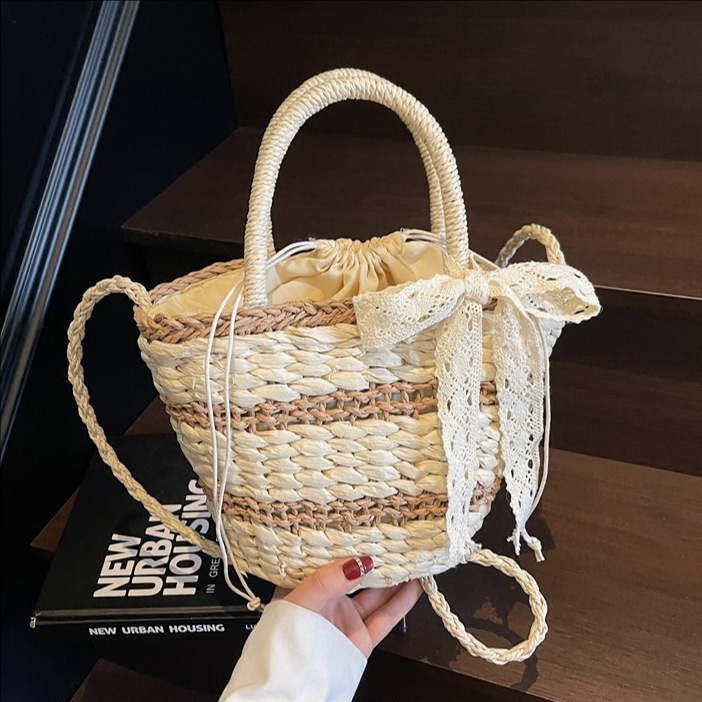 2025 New Seaside Vacation Style Handheld Vegetable Basket for Women with Hollow out Splicing and Weaving Large Capacity Single Shoulder Crossbody Bag